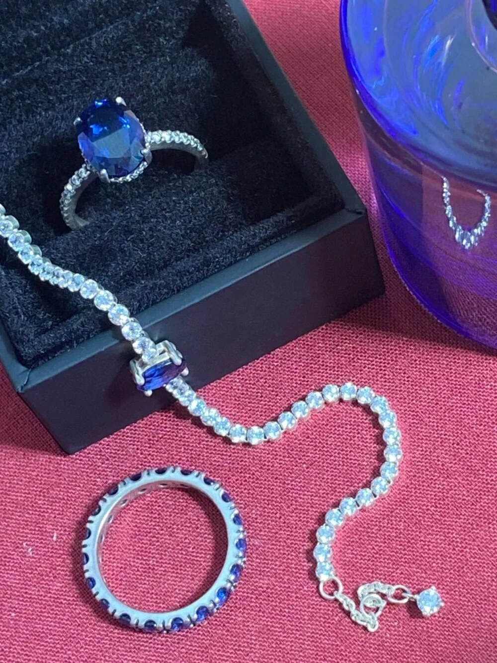Pandora Sparkling Blue Gem Set w/ Tennis Bracelet, Eternity Ring, and Halo Ring